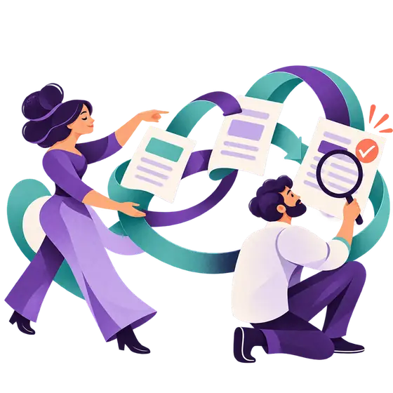 Illustration: Menschen gestalten und prüfen automatisierte Abläufe